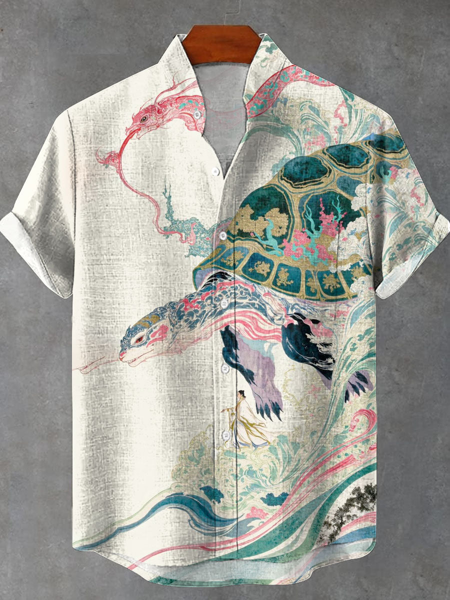 Japanese Art Print Turtle Casual Cotton Shirt