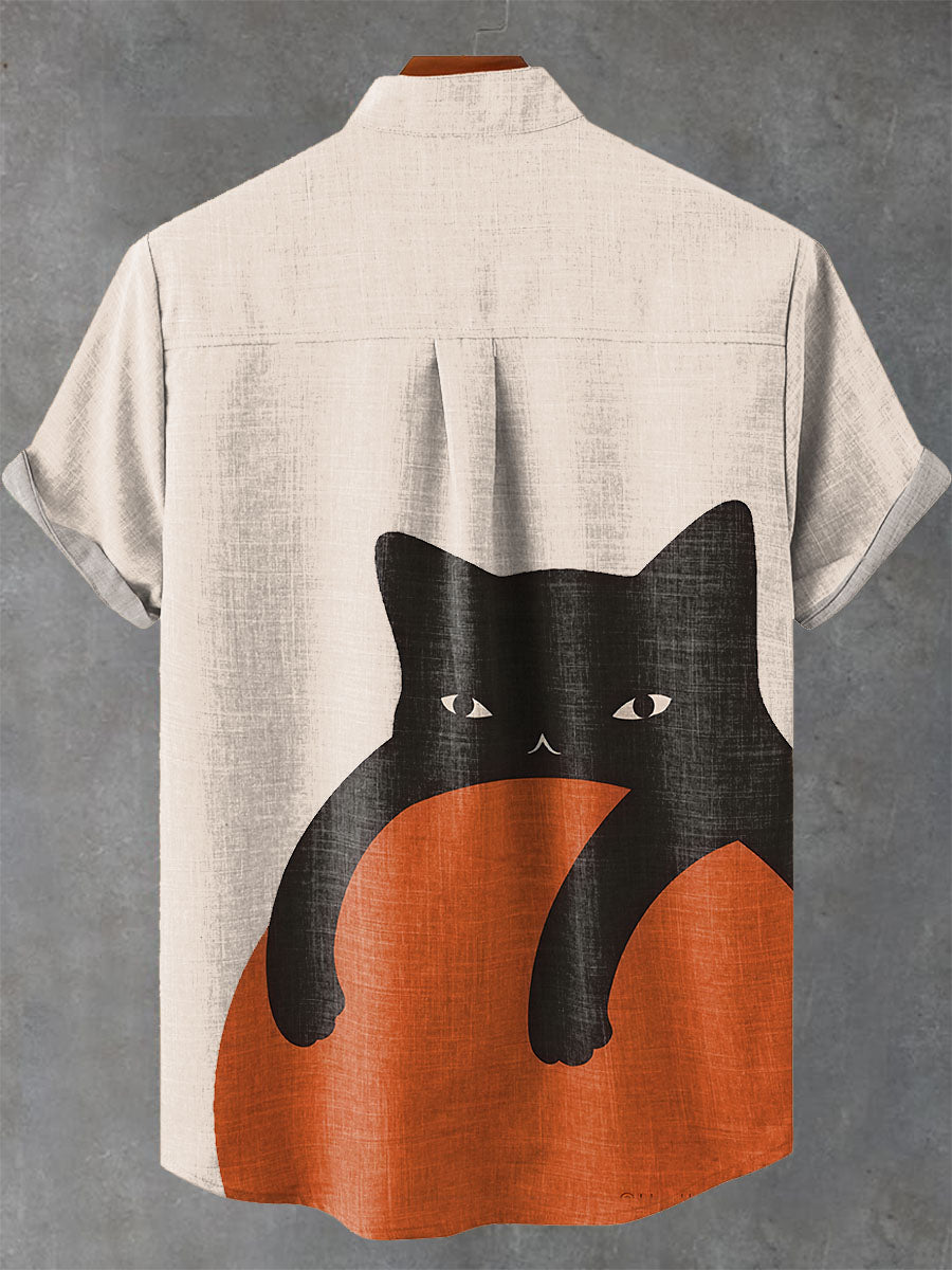 Black cat Orange ball Vintage Print Casual 100% Cotton Shirt