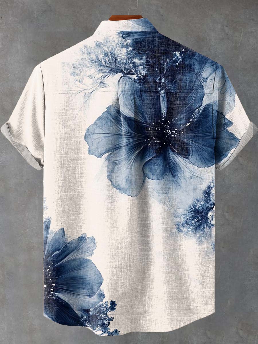 Blue Floral Ink Art Print Casual 100% Cotton Shirt
