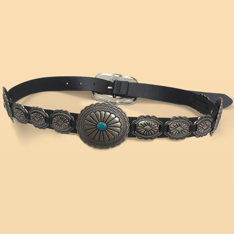 Retro Western Cowboy Turquoise Heavy Engraved Belt