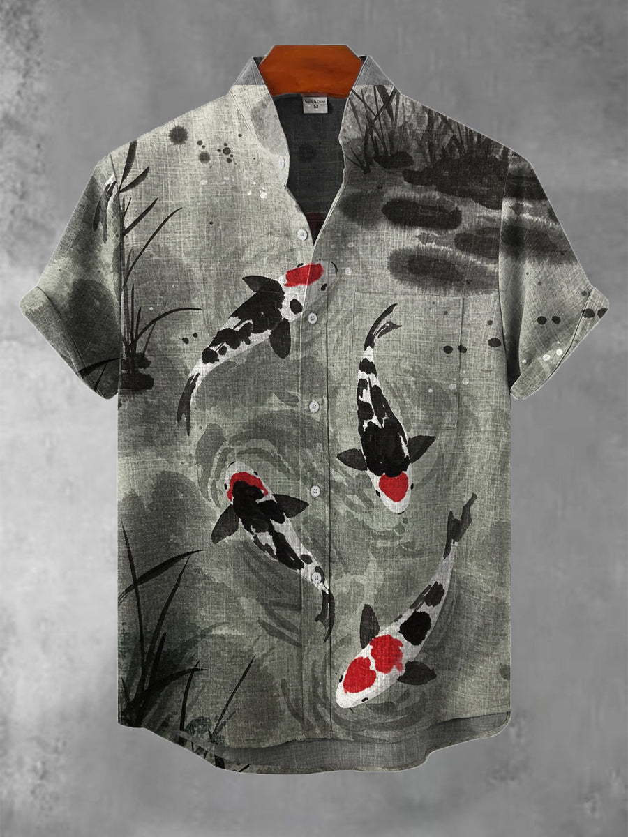 Japanese Art Print Ink Fish Casual Cotton Shirt