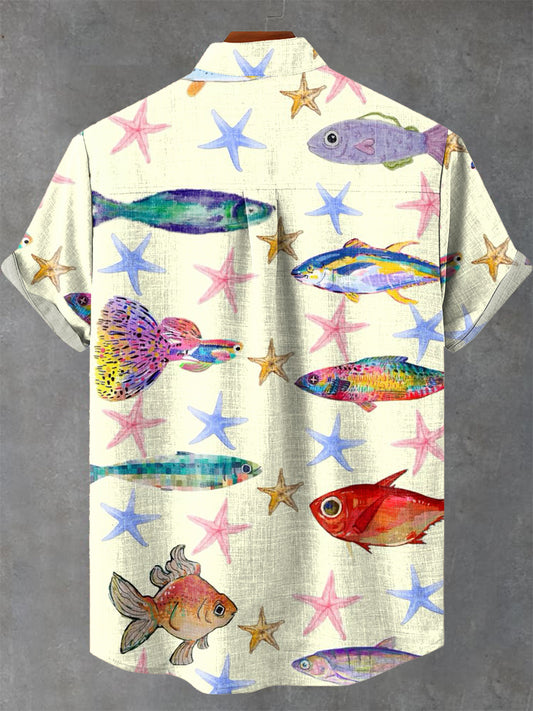 Art Colorful Star Fish Vintage Print Casual 100% Cotton Shirt