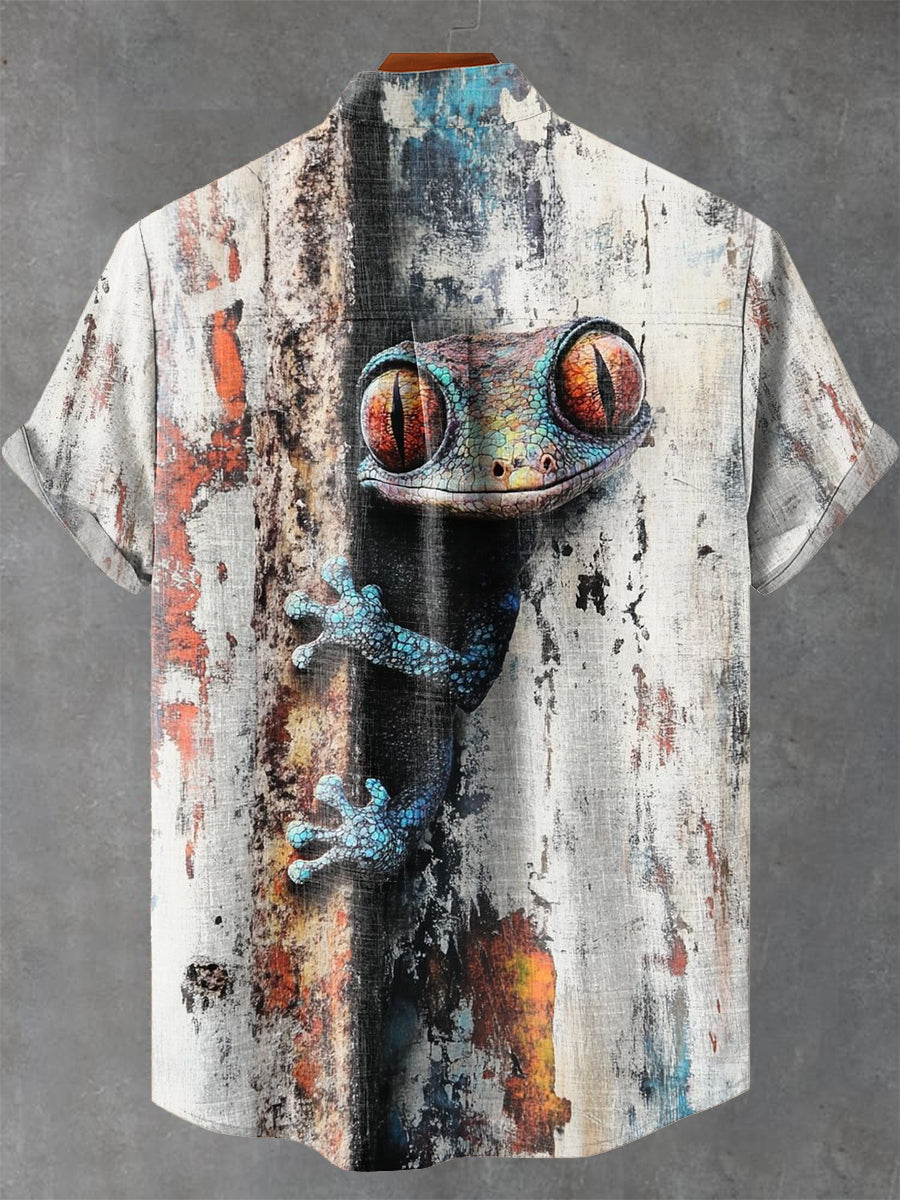 Vintage Old Lizard Art Print Casual 100% Cotton Shirt