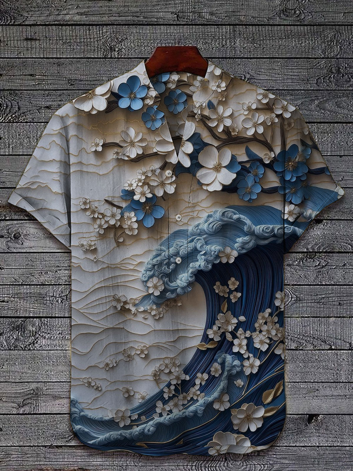 Waves and Flowers Print Casual Cotton Shirt