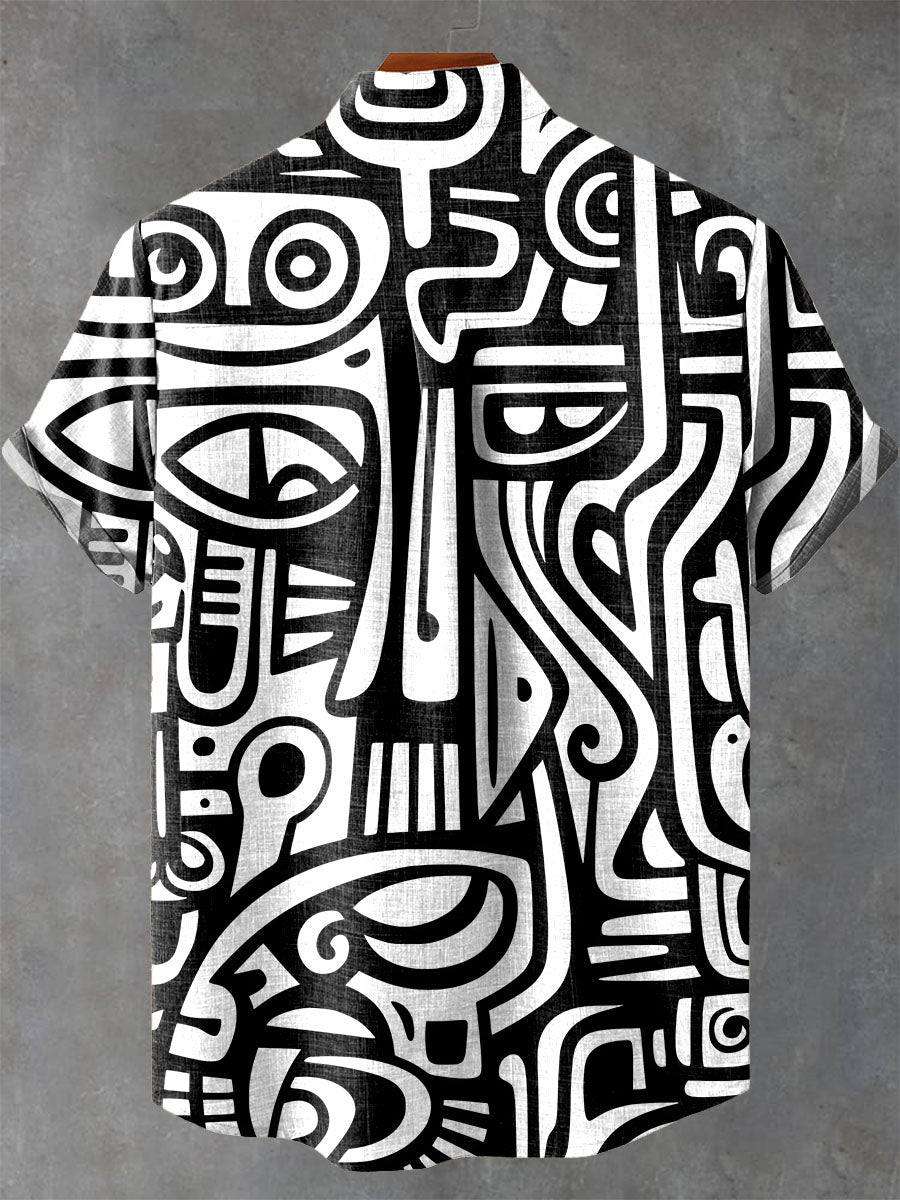 Black and white abstract graphics Vintage Print Casual 100% Cotton Shirt