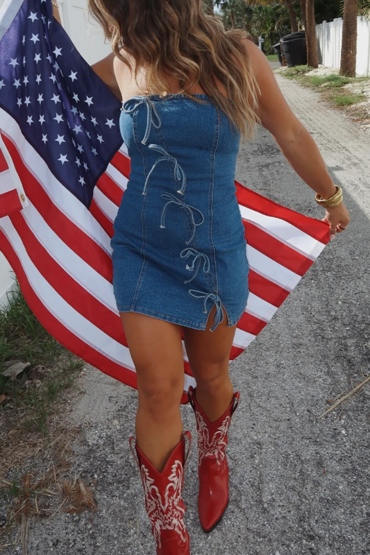 Little Blue Bow Strapless Mini Dress Denim