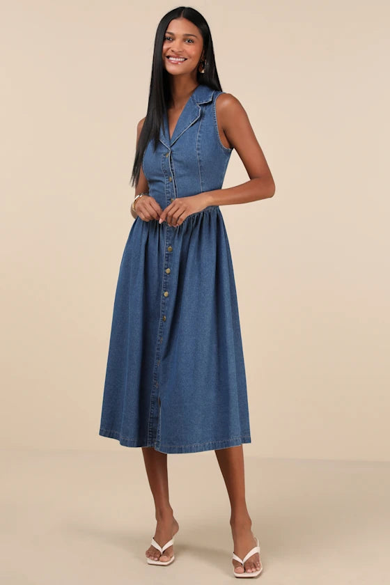 Levon Medium Wash Denim Button-Front Midi Dress