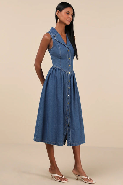 Levon Medium Wash Denim Button-Front Midi Dress