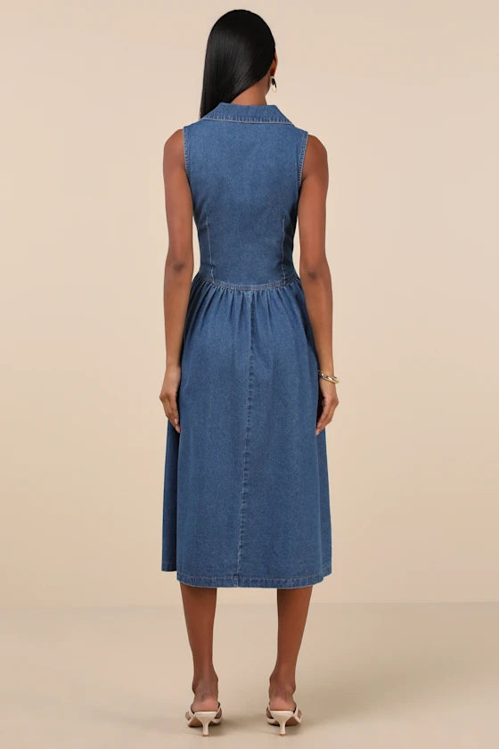 Levon Medium Wash Denim Button-Front Midi Dress