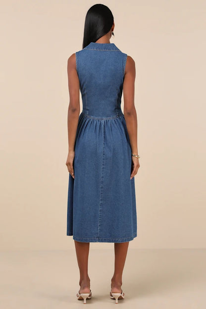 Levon Medium Wash Denim Button-Front Midi Dress
