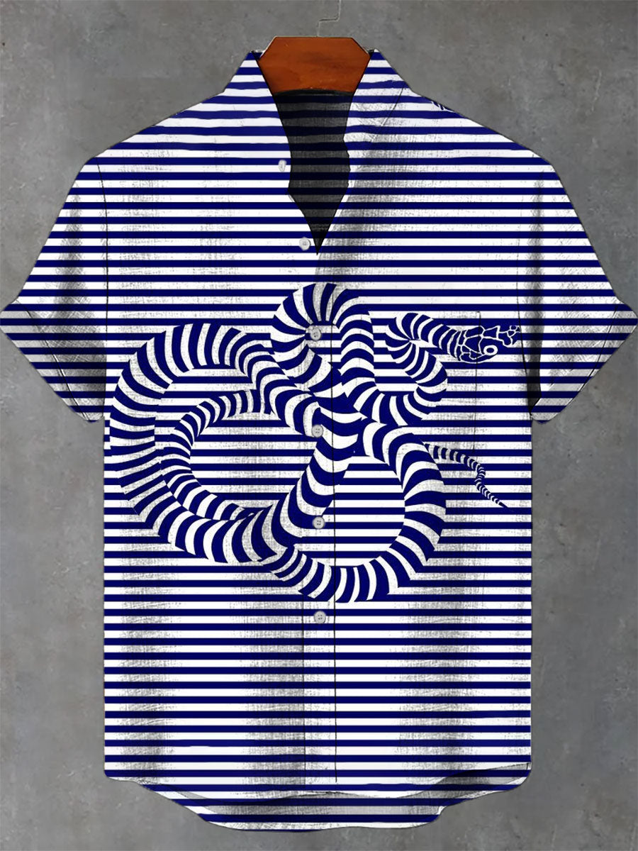 Blue Stripe Snake Art Print Casual 100% Cotton Shirt
