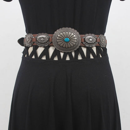 Retro Western Cowboy Turquoise Heavy Engraved Belt