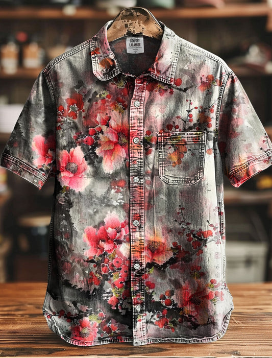 Pink Vintage Flowers Print Casual 100% Cotton Shirt