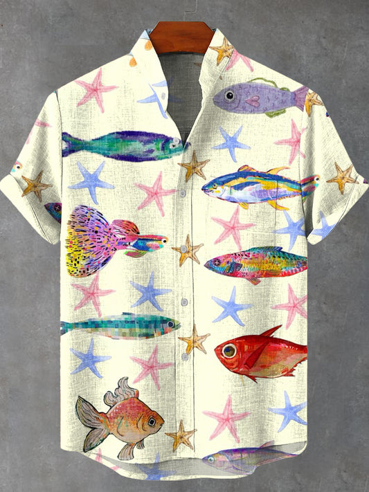Art Colorful Star Fish Vintage Print Casual 100% Cotton Shirt