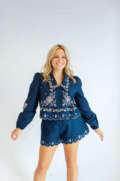 Navy Embroidered Short Set