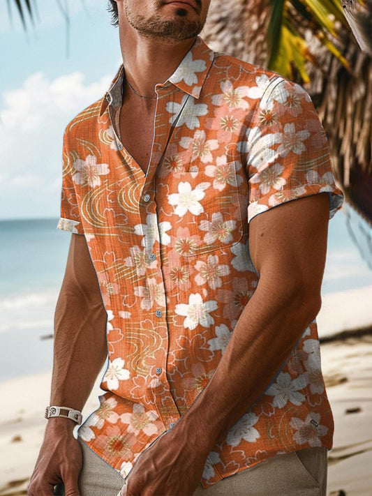 Mens Japanese Art Flower Style Summer Pattern Casual Cotton Shirt