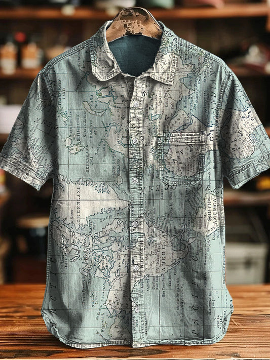 Soft Blue Map Art Print Vintage Casual 100% Cotton Shirt
