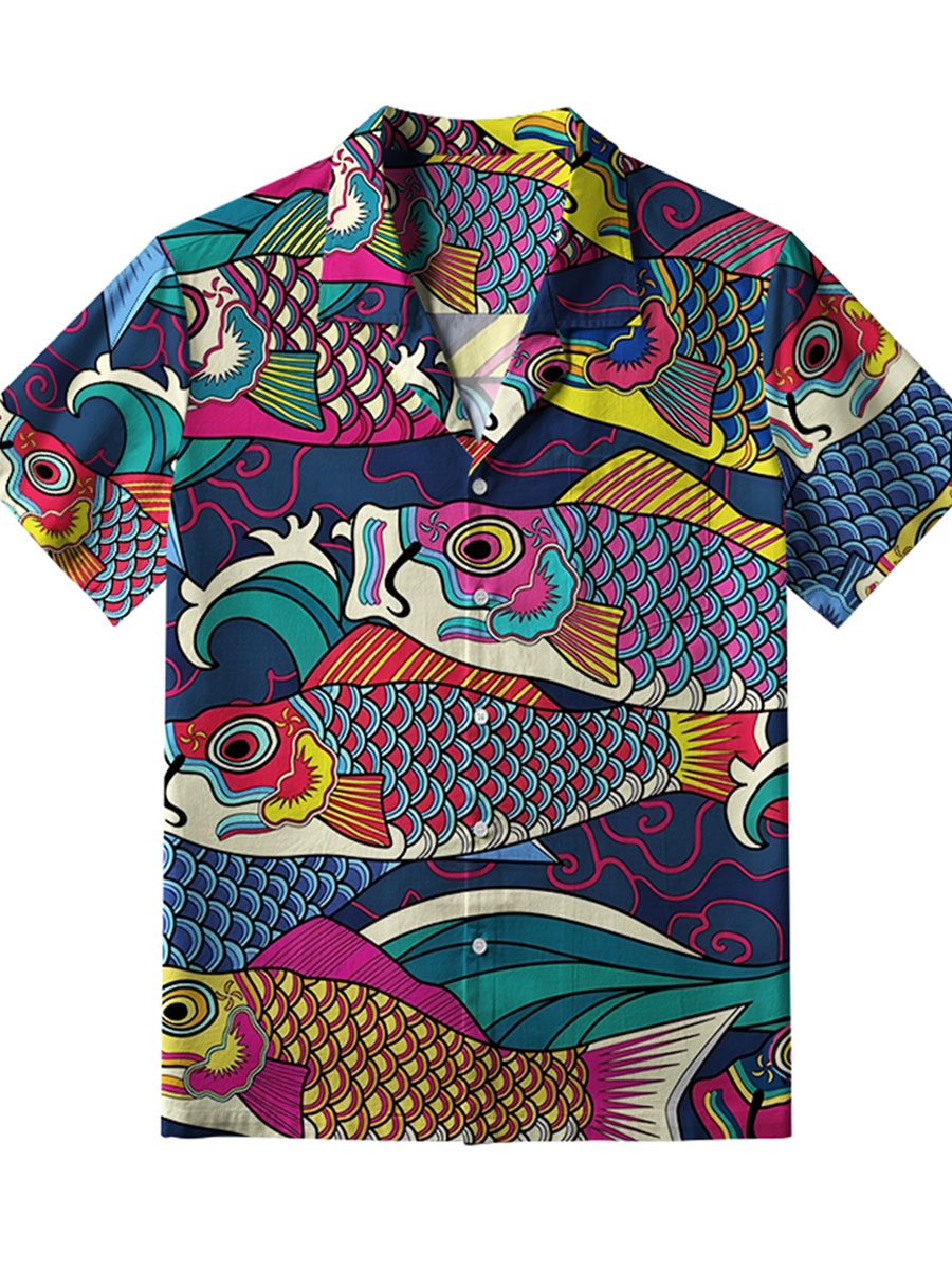 Retro Ukiyoe Multicolor Koi Print Casual 100% Cotton Shirt