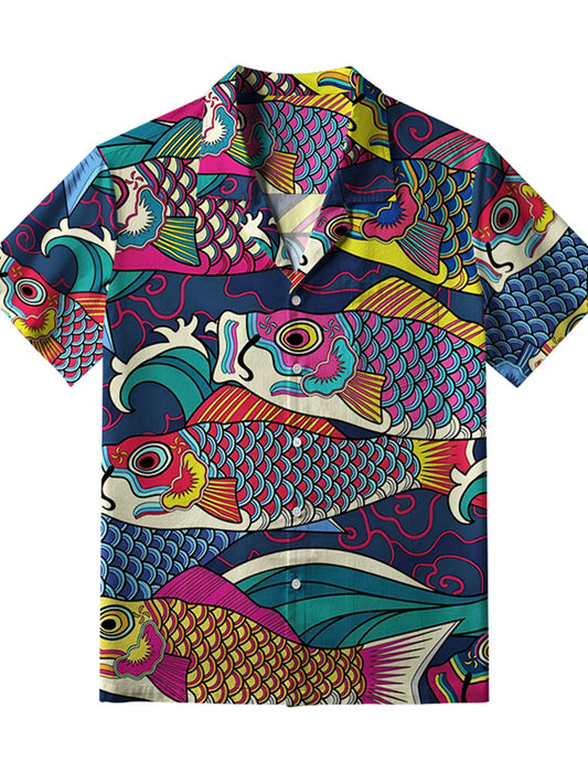 Retro Ukiyoe Multicolor Koi Print Casual 100% Cotton Shirt