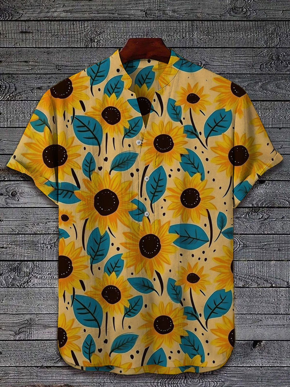 Sunflower and Leaf Print Casual Cotton Shirt