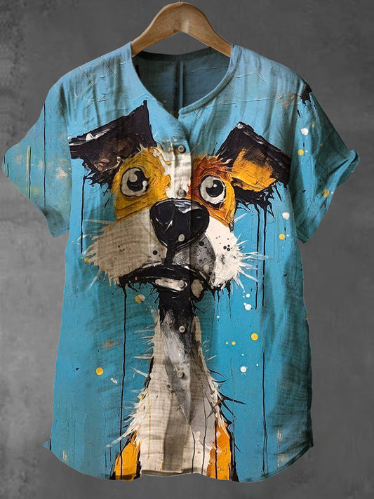 Women Ink Spots Dog puppy Vintage Print Casual 100% Cotton Shirt