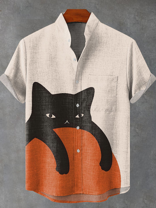 Black cat Orange ball Vintage Print Casual 100% Cotton Shirt