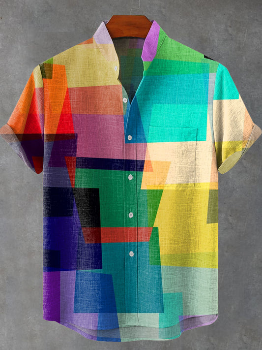 Vintage Geometric color block Print Casual 100% Cotton Shirt