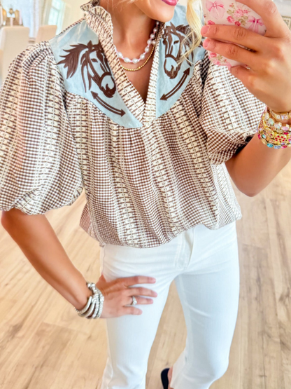Gingham Horse Embroidered Top