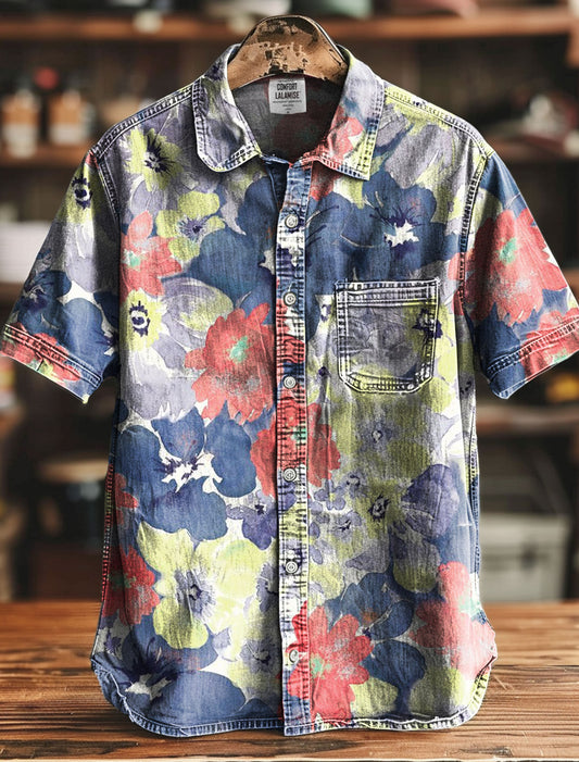 Artistic Flowers Retro Print Casual 100% Cotton Shirt