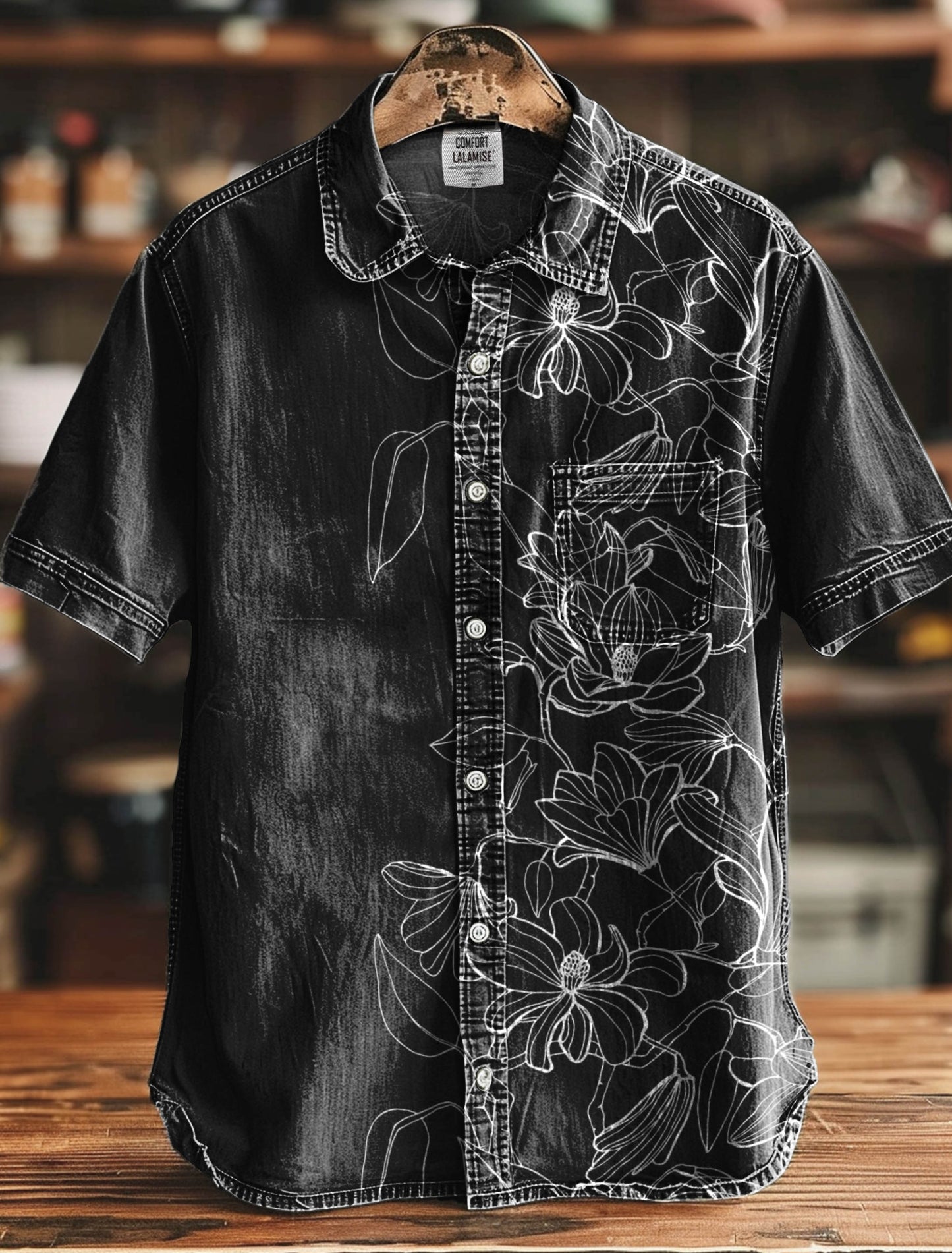 White Line Painting Flower Decorative Pattern Casual 100% Cotton Shirt