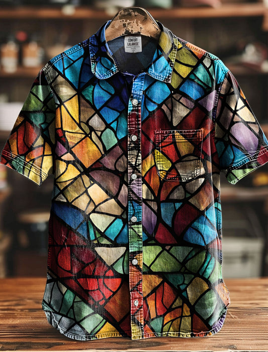 Vintage Stained Glass Print Casual 100% Cotton Shirt