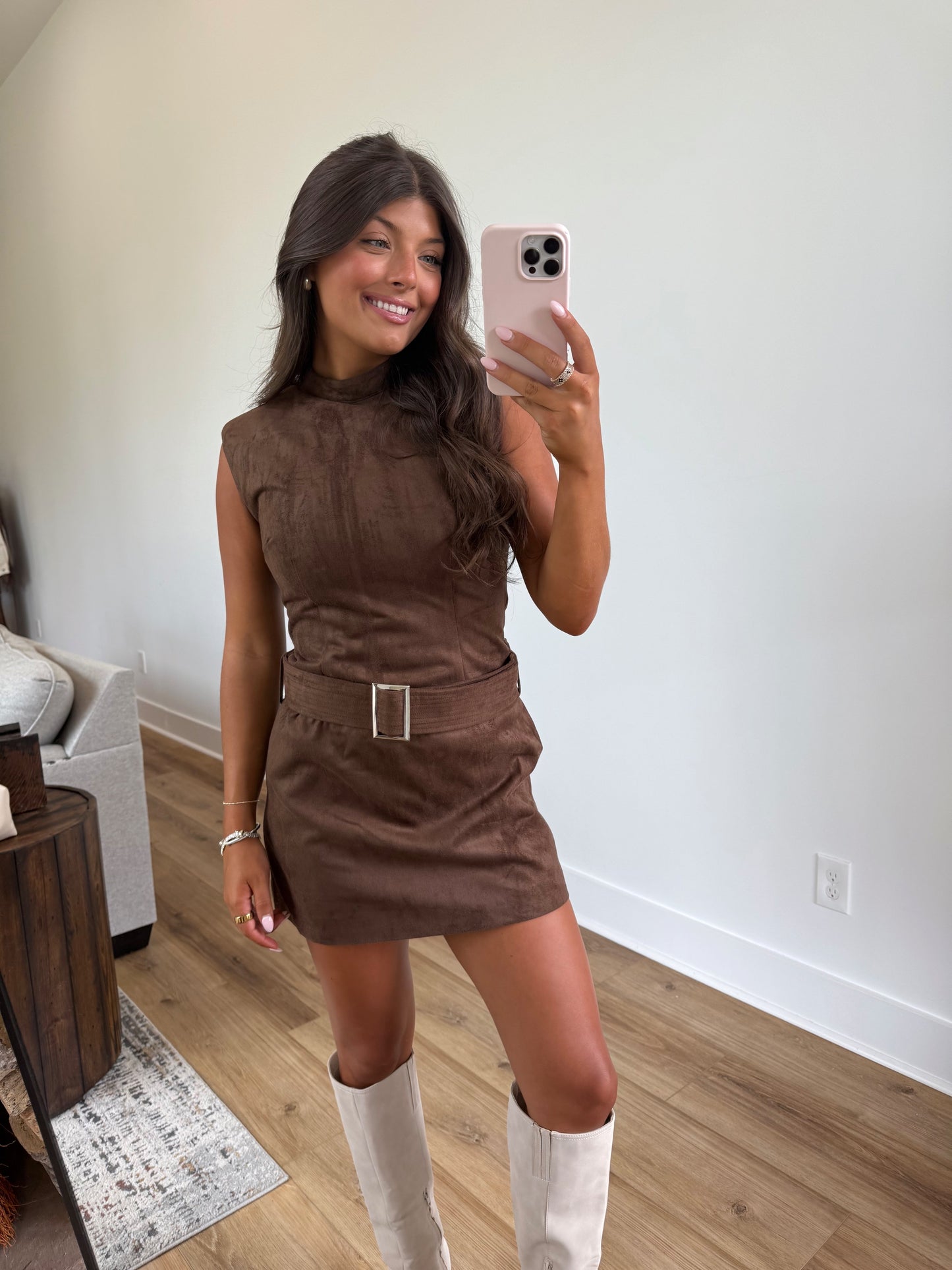 Mocha Astoria Belted Mini Dress