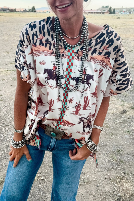 Oversized Western Leopard Checkered Ponchos Top