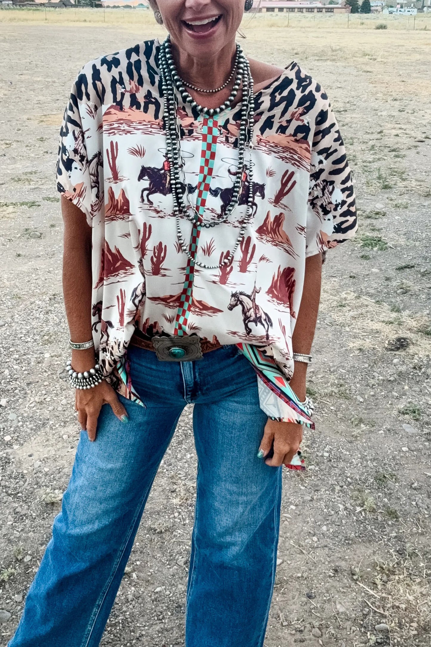 Oversized Western Leopard Checkered Ponchos Top