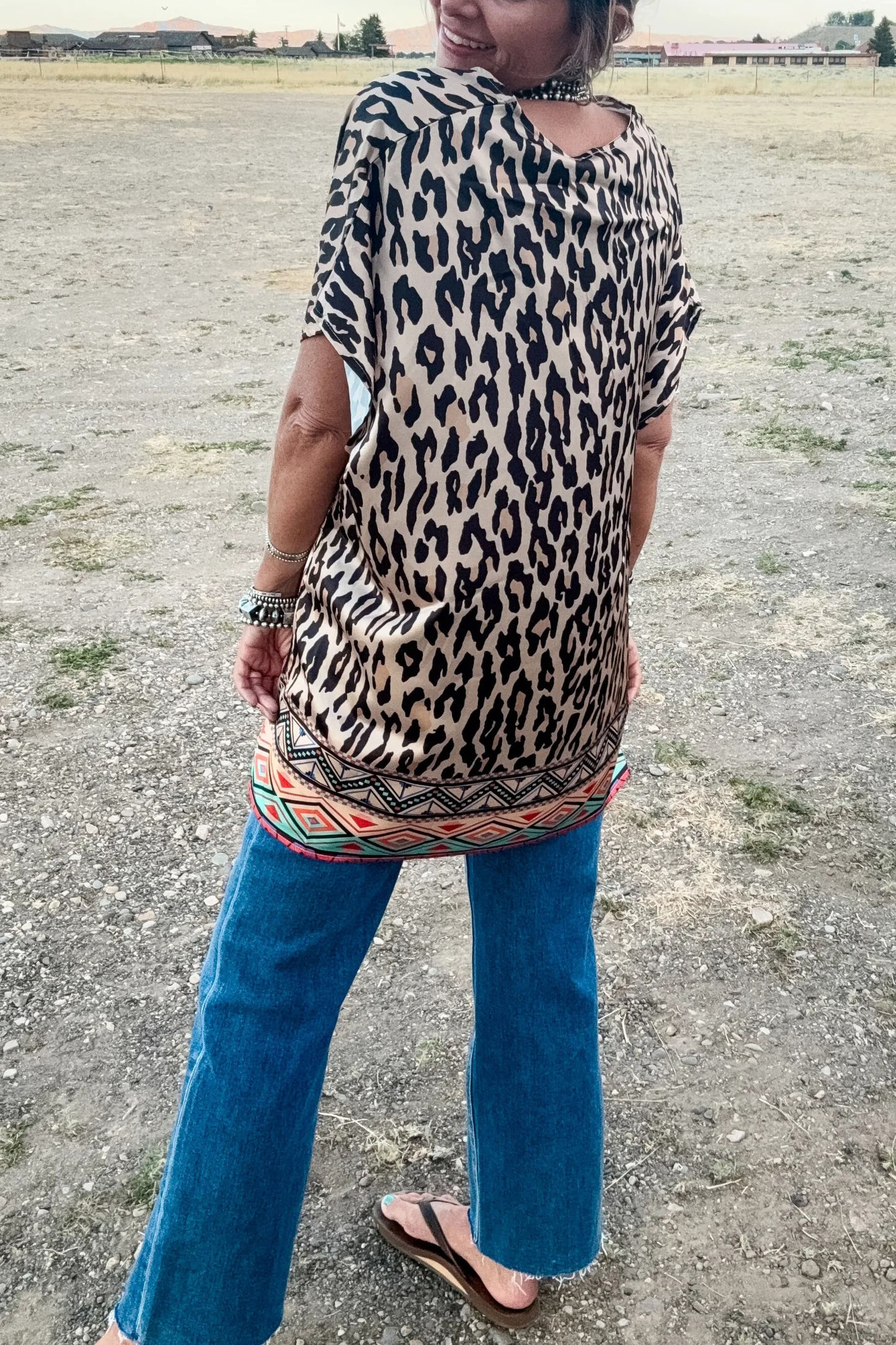 Oversized Western Leopard Checkered Ponchos Top