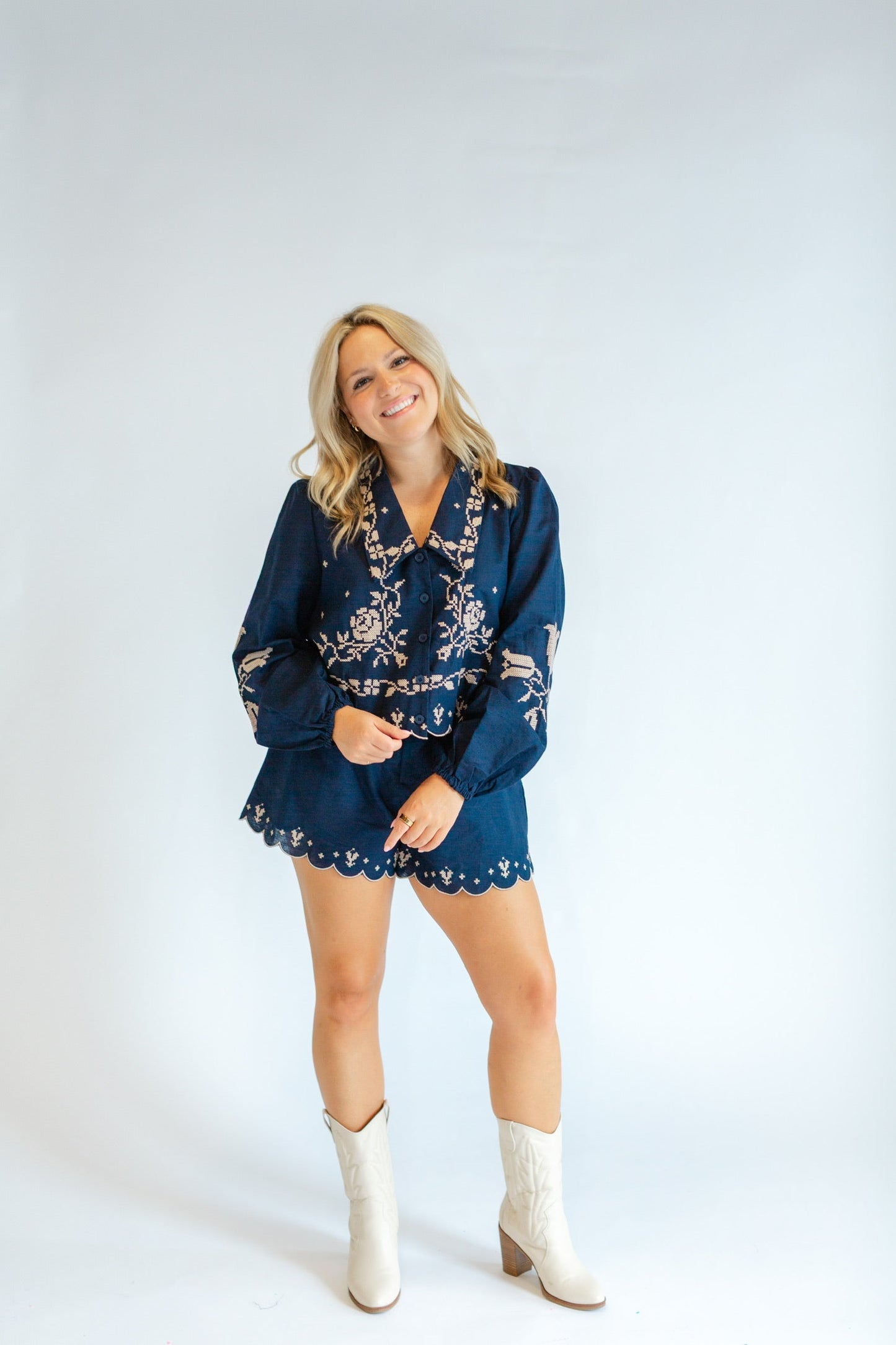 Navy Embroidered Short Set