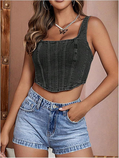 Women's Square Neck Sleeveless Skinny Denim Top Cropped Vest