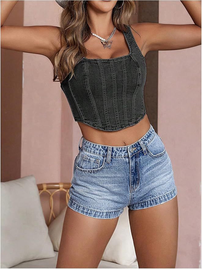 Women's Square Neck Sleeveless Skinny Denim Top Cropped Vest