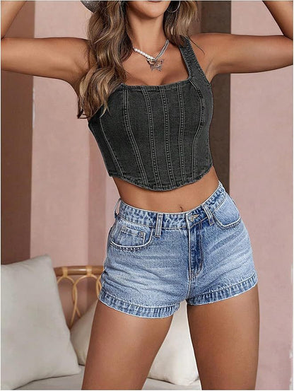 Women's Square Neck Sleeveless Skinny Denim Top Cropped Vest