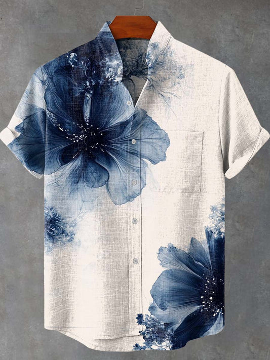 Blue Floral Ink Art Print Casual 100% Cotton Shirt