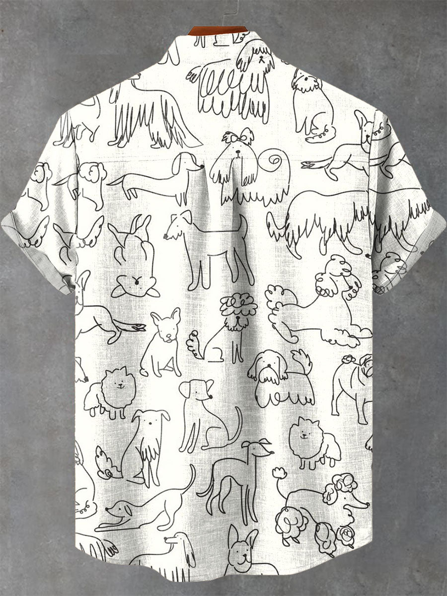 Draw line dogs Vintage Print Casual 100% Cotton Shirt