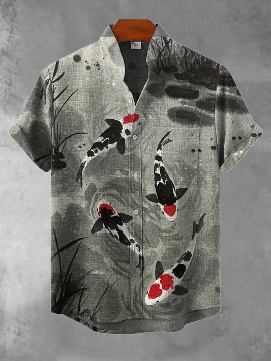 Japanese Art Print Ink Fish Casual Cotton Shirt