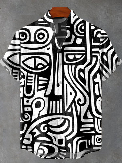 Black and white abstract graphics Vintage Print Casual 100% Cotton Shirt
