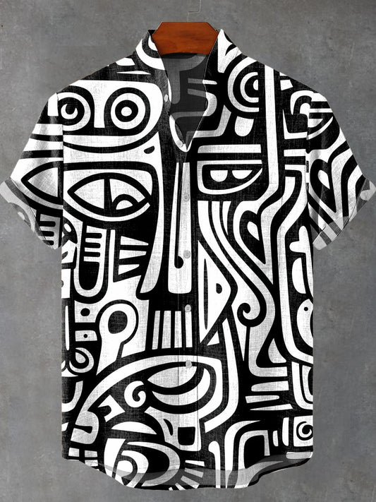 Black and white abstract graphics Vintage Print Casual 100% Cotton Shirt