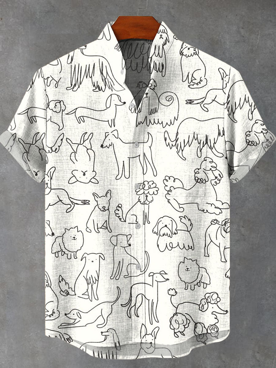 Draw line dogs Vintage Print Casual 100% Cotton Shirt