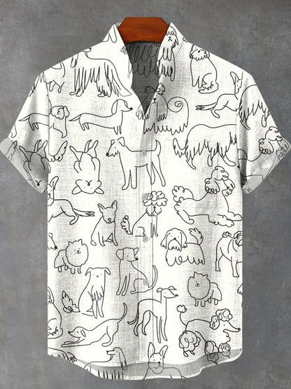 Draw line dogs Vintage Print Casual 100% Cotton Shirt