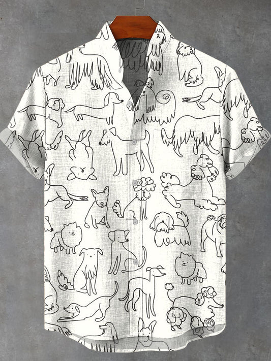 Draw line dogs Vintage Print Casual 100% Cotton Shirt