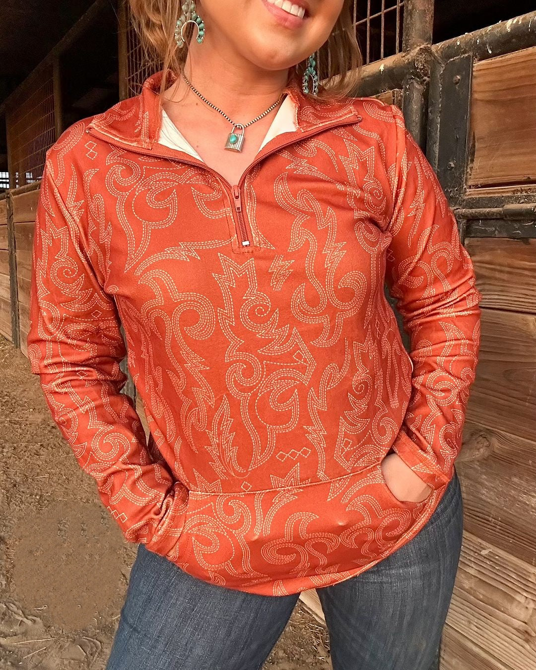 Western Print Zip-Neck Sweatshirt