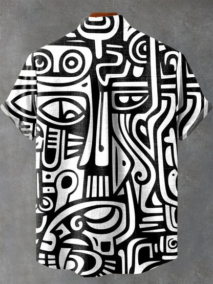 Black and white abstract graphics Vintage Print Casual 100% Cotton Shirt