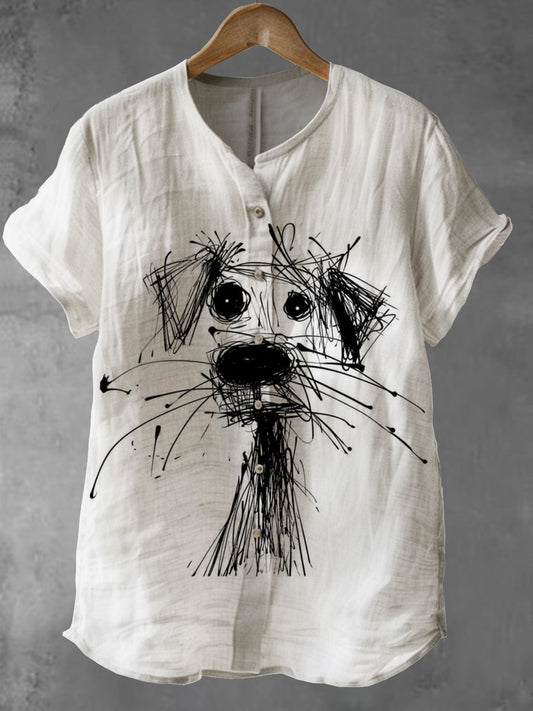 Women Cartoon Scribble dog Vintage Print Casual 100% Cotton Shirt